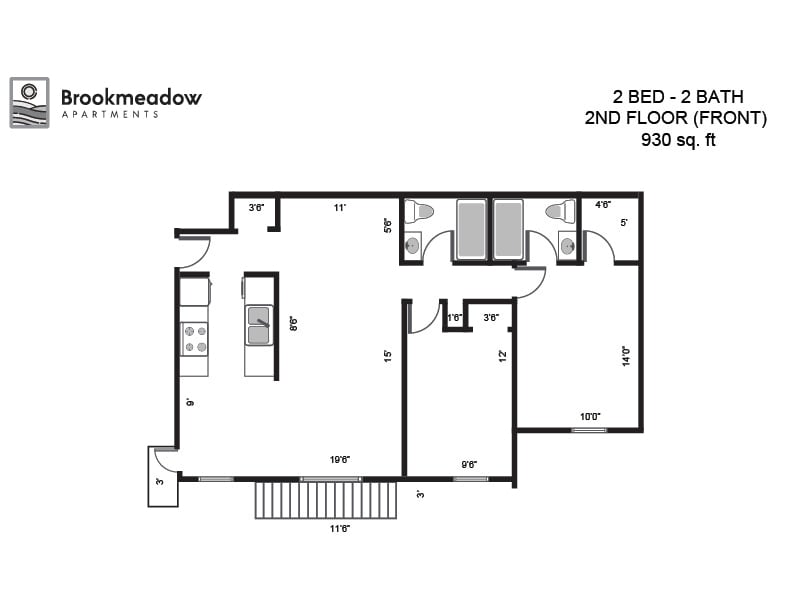 Floor Plan - 2 Bed, 2 Bath - 930 sq ft