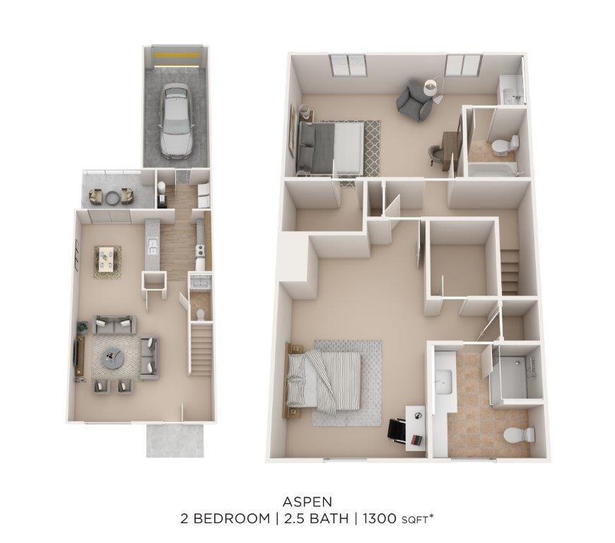 Floor Plan - Two Bedroom 2.5 Bath Townhome-1300 sqft