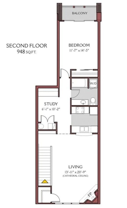 Floor Plan - 1 Bed/1 Bath (2nd floor) with Wood Floors