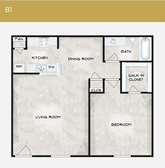 B1 676 Sq ft Floor Plan - 1 Bedroom 1 Bathroom