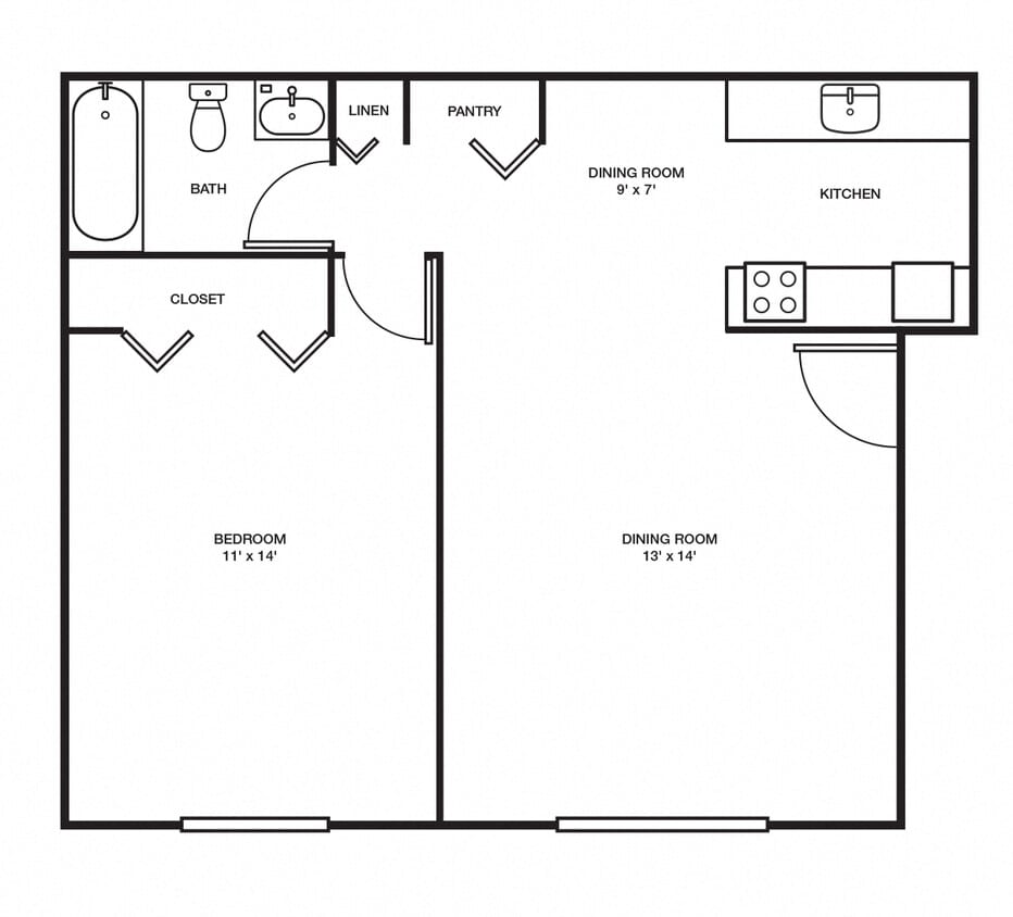 Floor Plan - 1 Bed, 1 Bath - 600 sq ft