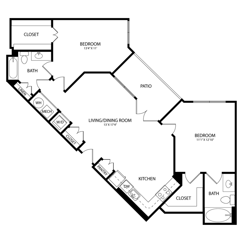 Floor Plan - 2 Bedroom, 2 Bath 1067 SF KC2.1