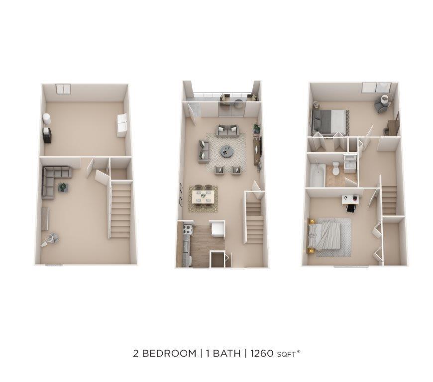 Floor Plan - Two Bedroom Townhome - 1,260 sqft