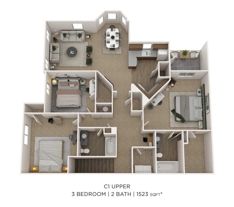 Floor Plan - Three Bedroom 2 Bath- Upper Level