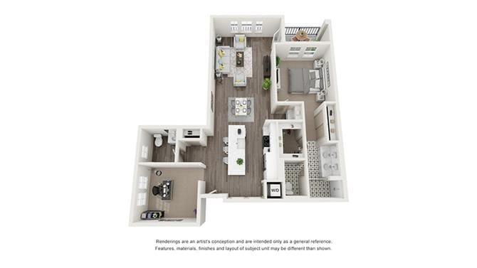 Floor Plan -  1  Bedroom  1.5 Bath with an Office