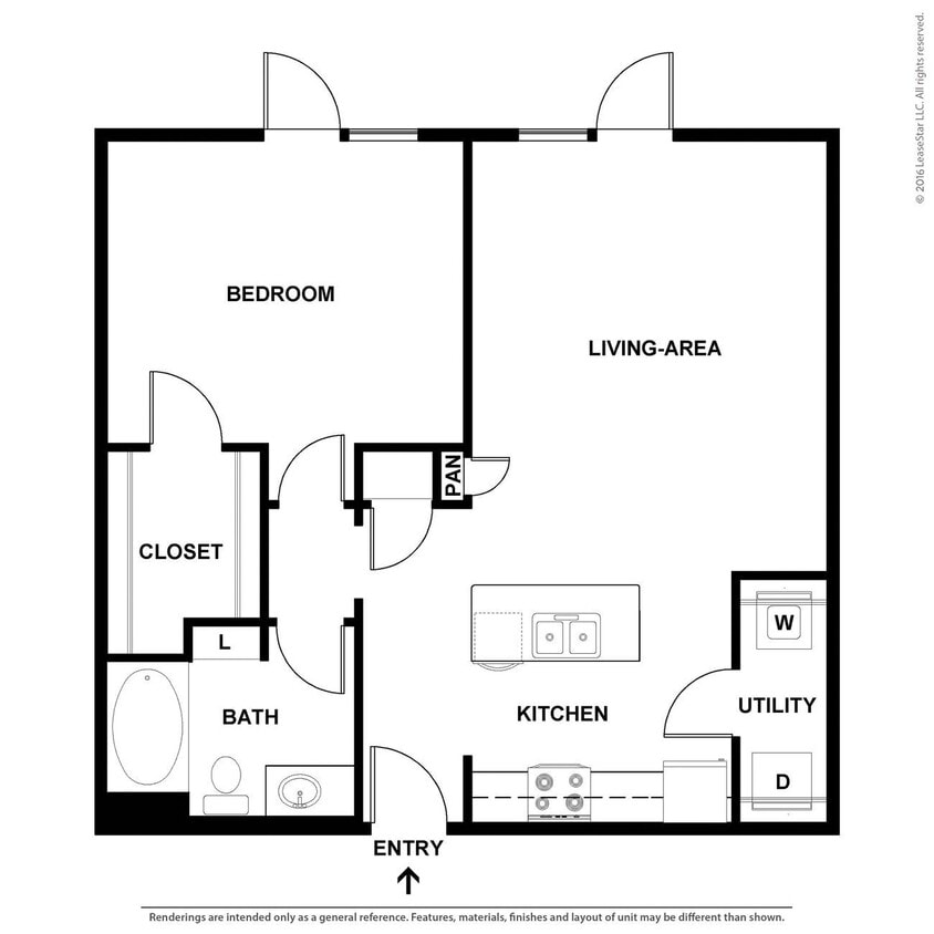 One bedroom apartment with wood vinyl plank flooring and kitchen island - 2-A3-Twilight