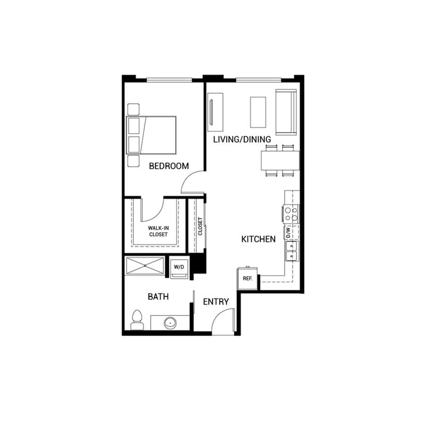 Modern 1-bedroom apartment floor plan featuring open living/dining area, spacious kitchen, walk-in closet, and convenient bathroom. - A6