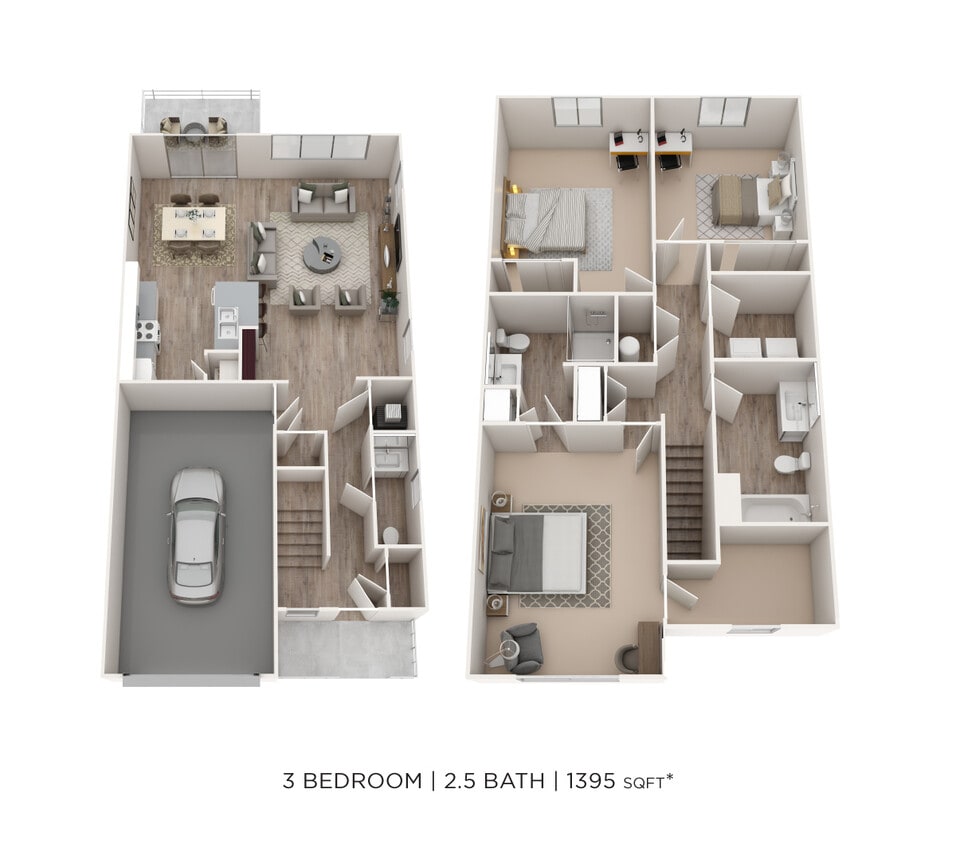 Floor Plan - Three Bedroom 2.5 Bath Townhome- 1,395-1,405 sqft