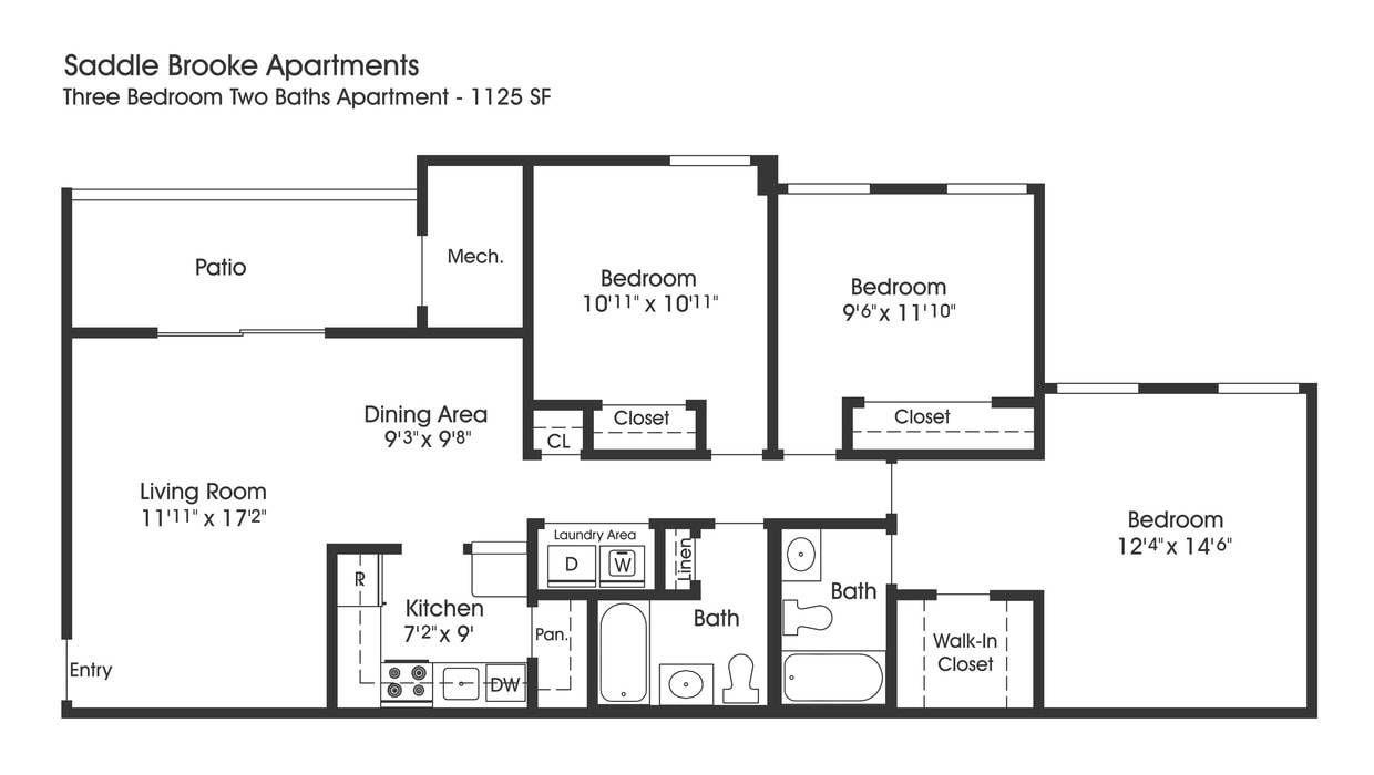 Floor Plan - 3BR 2BA (1125sf)