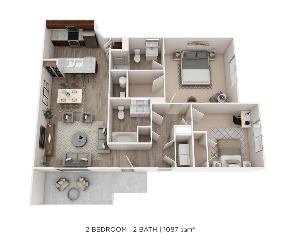 Floor Plan - Two Bedroom 2 Bath- 1087 sqft