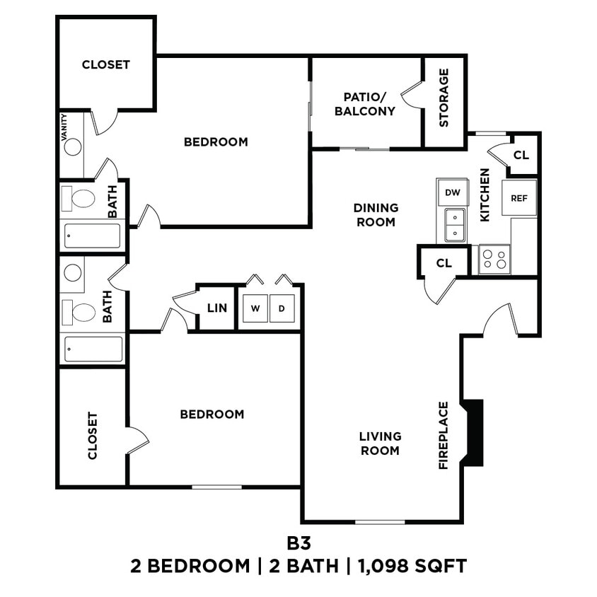 Floor Plan - Two Bed Two Bath 1098 Sqft