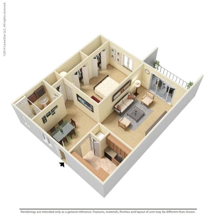Charming 3D floor plan showcasing one-bedroom apartment with a spacious living room, modern kitchen, elegant dining area, and balcony access. - 1f1 - St. Thomas