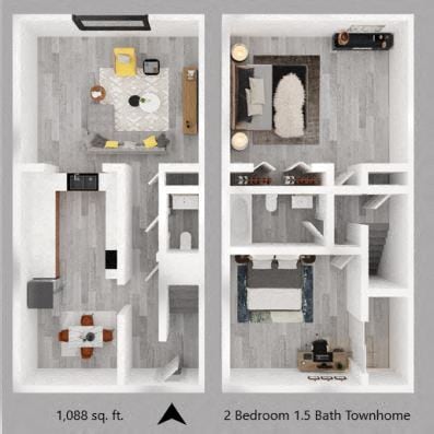 Floor Plan - Two Bedroom 1.5 Bath Townhouse - The Connect
