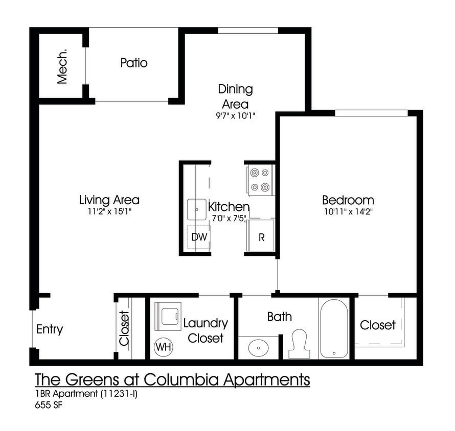 Floor Plan - 1BR 1BA (655sf)