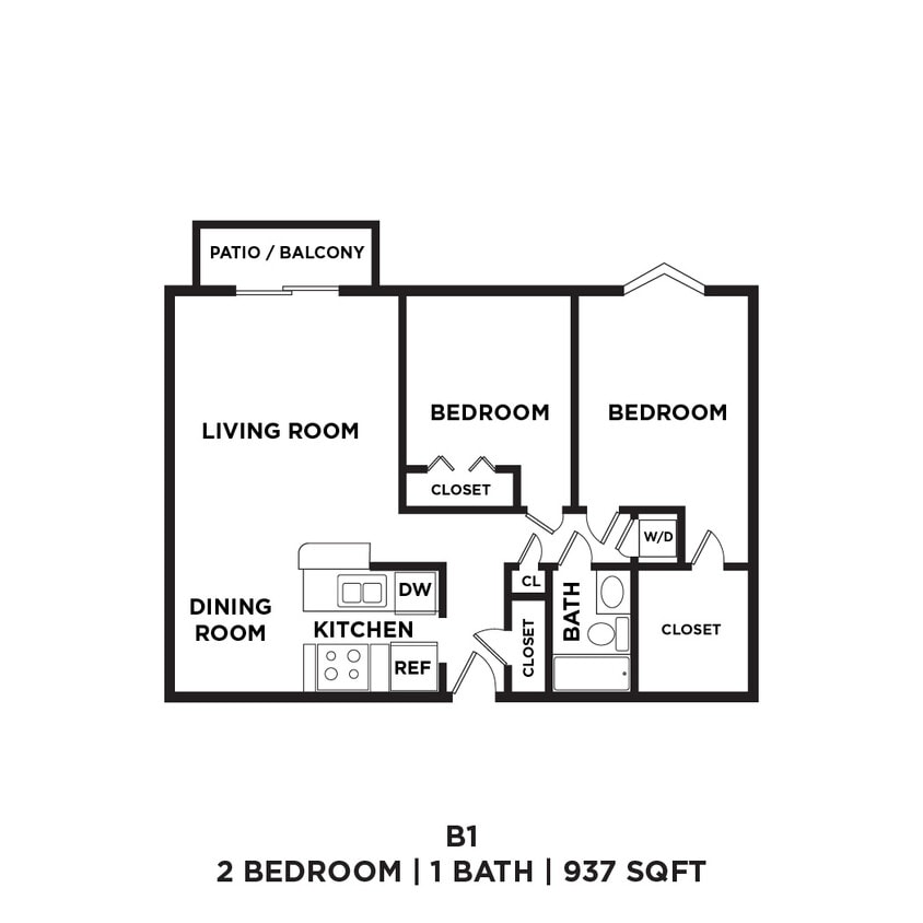 Floor Plan - Two Bed One Bath 937 Sqft
