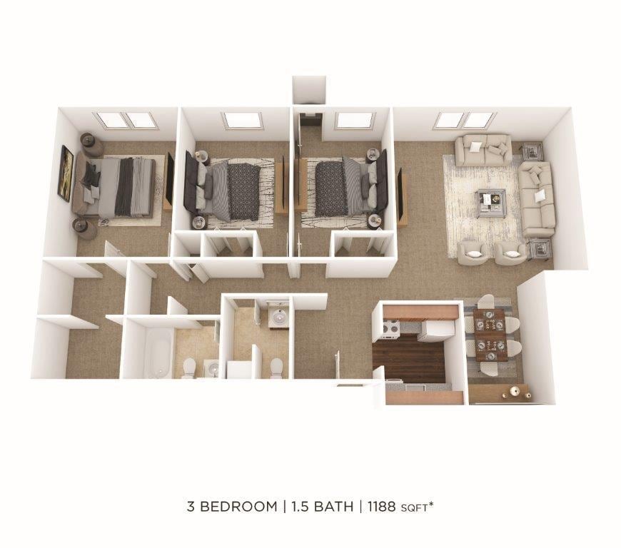 Floor Plan - Three Bedroom 1.5 Bath- 1,188 sqft