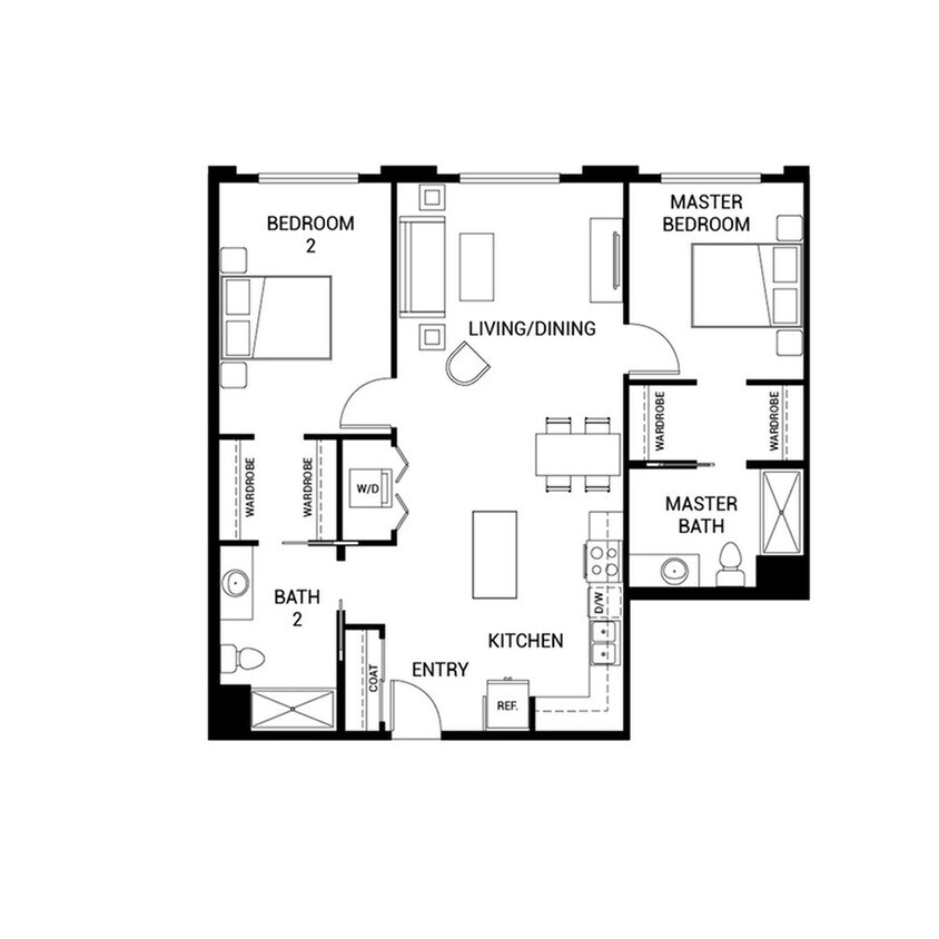 Elegant floor plan featuring a master bedroom, second bedroom, open living and dining area, modern kitchen, and two bathrooms. - B7