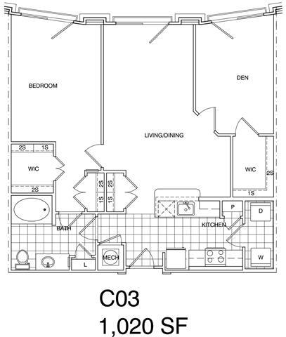 Floor Plan - 1 Bedroom + Den, 2 Bath 1017 SF C3