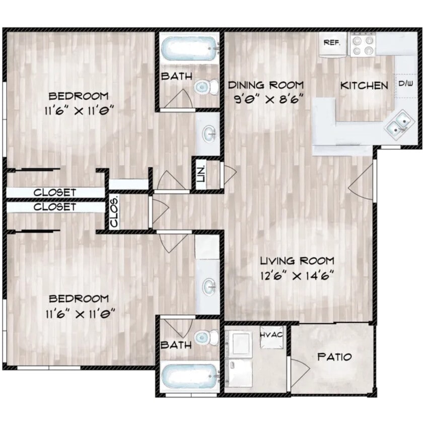 2BR/2BA - w/dimensions - 2 Bedroom 2 Bathroom Type A