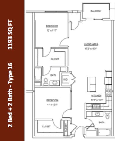 Type 16 | 1193 Square Feet | Two Bedroom Two Bath - 2 Bedroom - 2 Bath (Type 16)