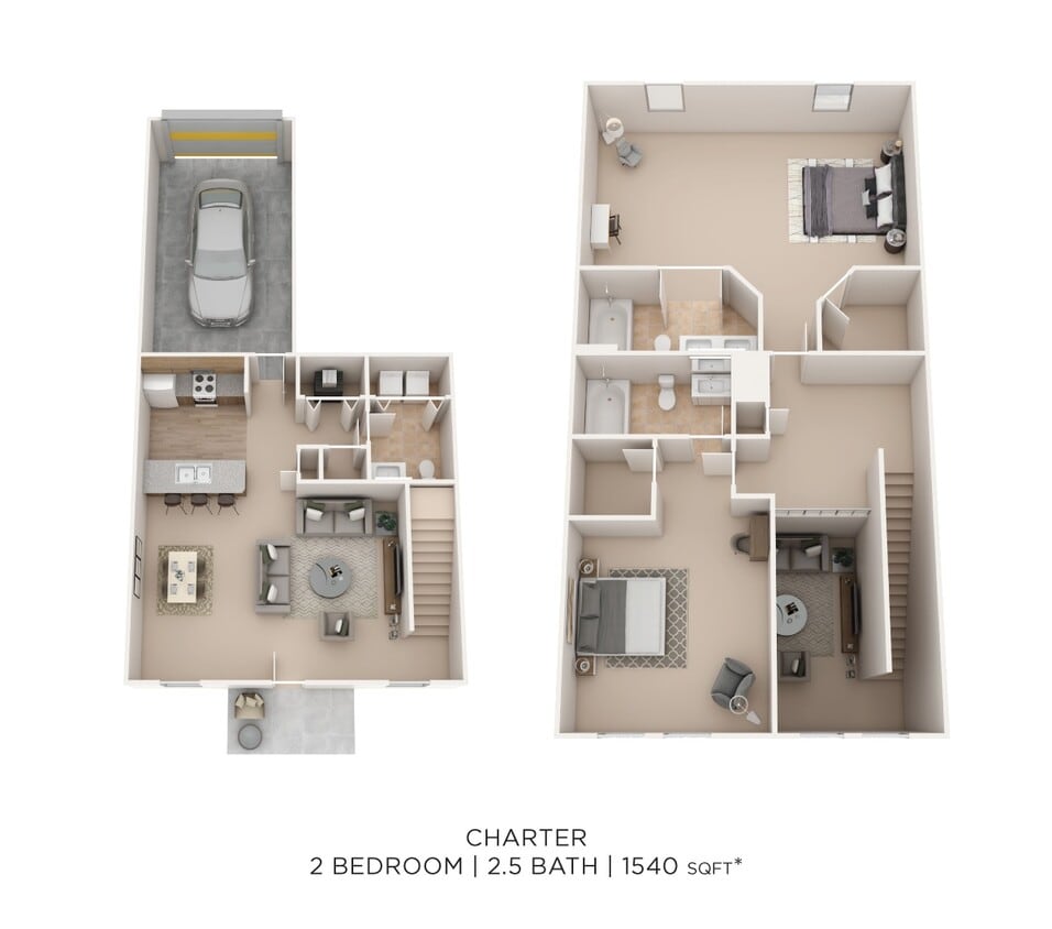 Floor Plan - Two Bedroom 2.5 Bath Townhome - 1,540 sqft