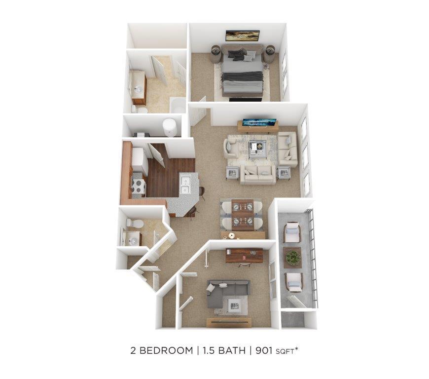Floor Plan - Two Bedroom 1.5 Bath- 901 sqft