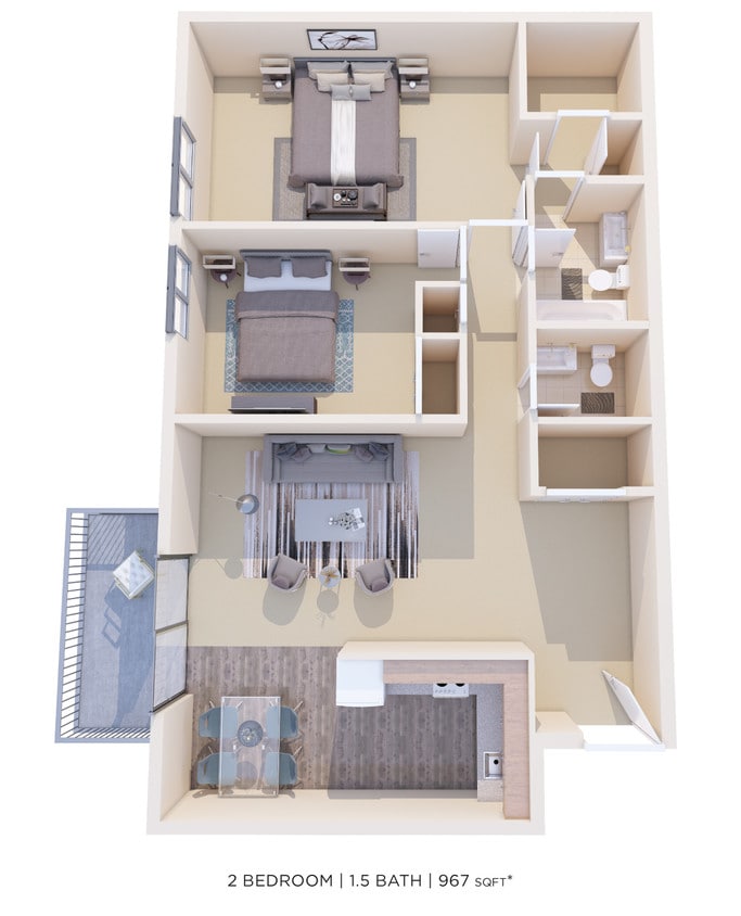 Floor Plan - Two Bedroom 1.5 Bath - 967 sqft