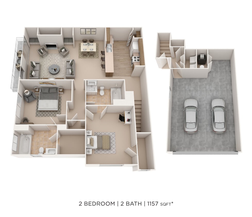 Floor Plan - Two Bedroom 2 Bath- 1157 sqft