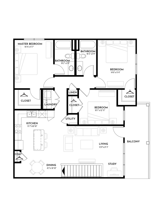 Floor Plan - 3BR 2BA (1430 SF)