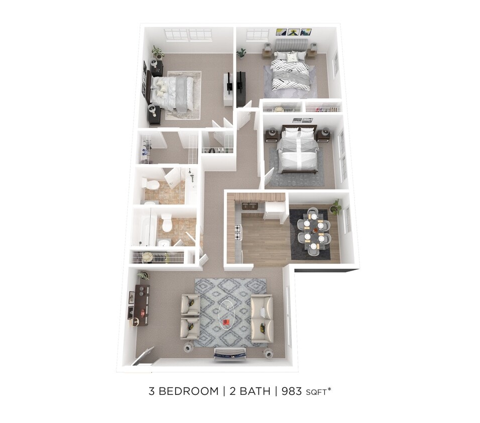 Floor Plan - Three Bedroom 2 Bath - 983 sqft