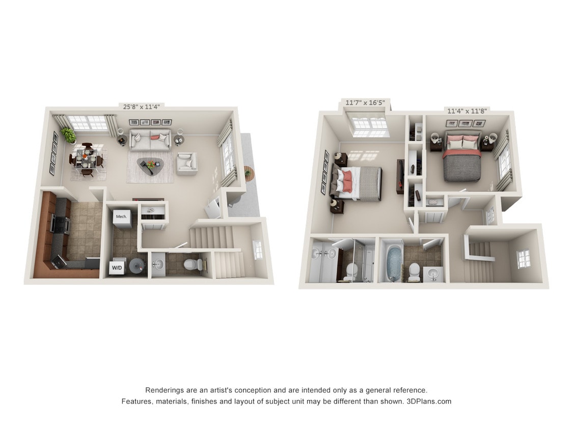 Floor Plan - 2 bedroom, 2 ½ bath townhouse- Magnolia 1