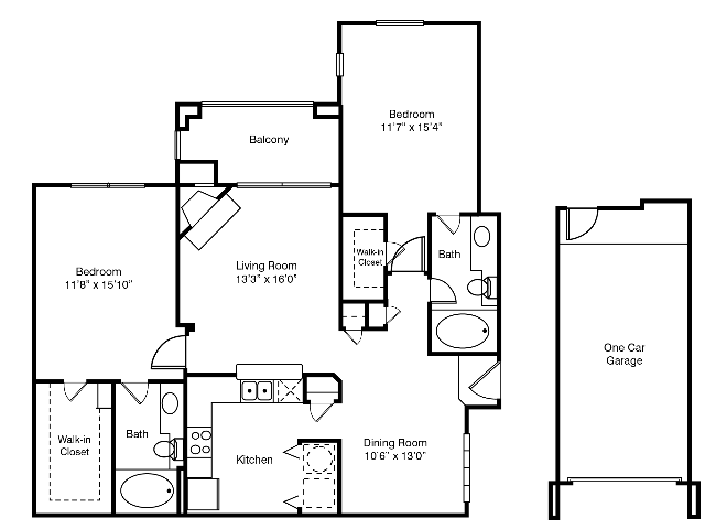 Two bedroom, two bathroom apartment home with attached garage. - The Ascona