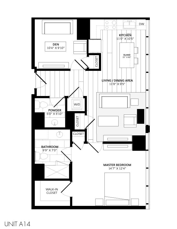 A14 - 1-Bedroom 1-Bathroom Den | 836