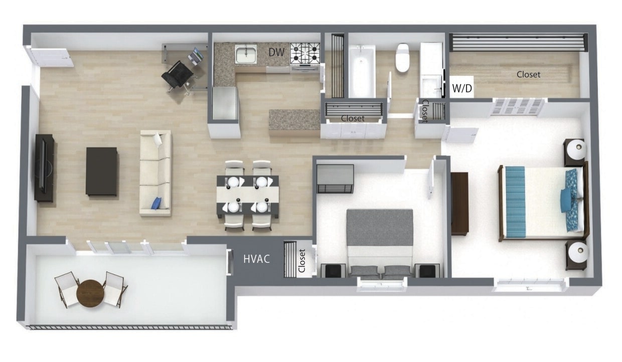 Floor Plan - E: 2 Bedroom  1 Bath 