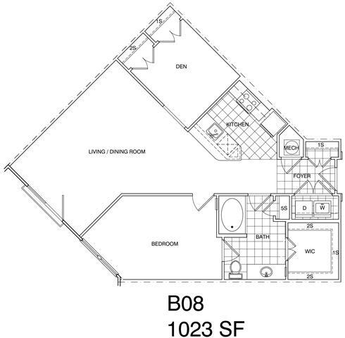 Floor Plan - 1 Bedroom + Den, 1 Bath 1023 SF B8