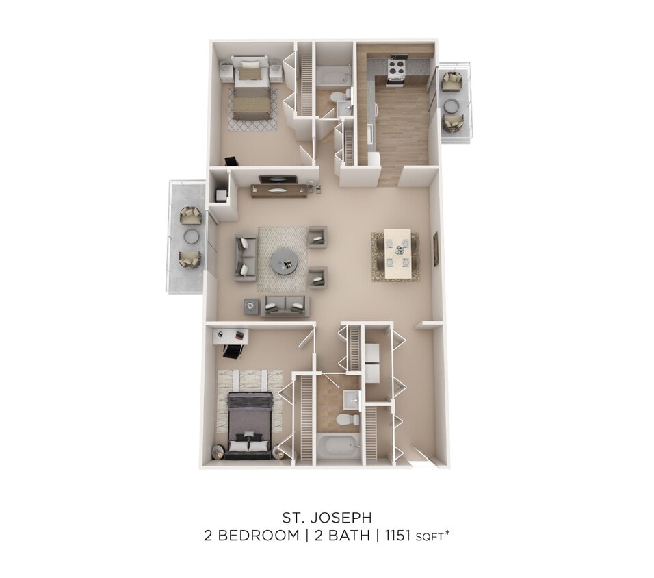 Floor Plan - Two Bedroom 2 Bath- 1151 sqft