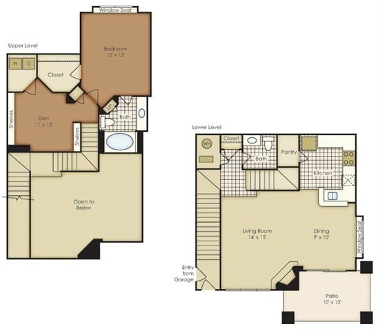 Floor Plan - One Bedroom Townhome with Den 1A2TNBG-2A2TNBG