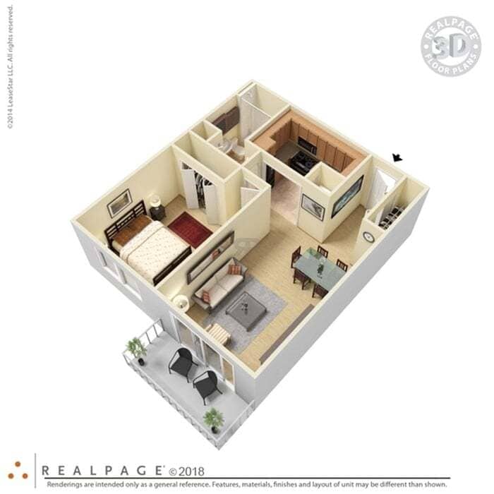 Elegant 3D floor plan showcasing a cozy one-bedroom apartment with a modern open-concept living and dining area, a well-equipped kitchen, and a private balcony. - 1a1 - Catalina