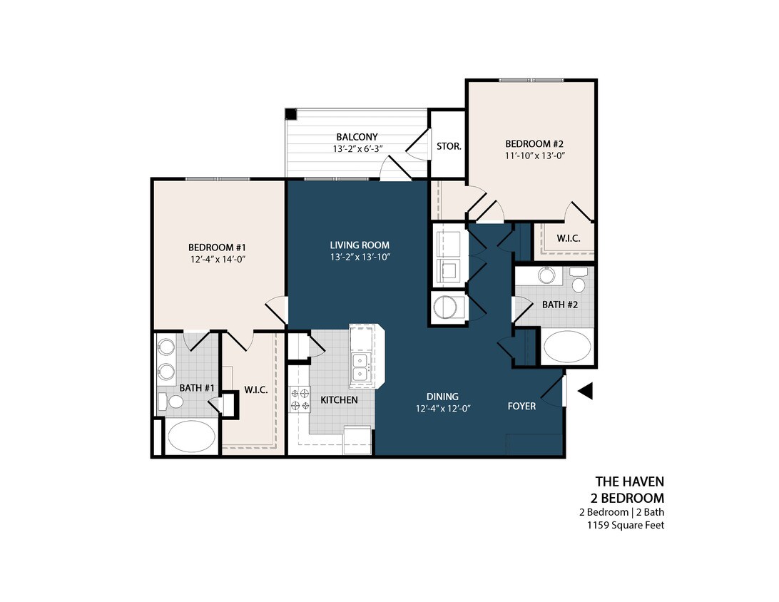Floor Plan - 2 Bed 2 Bath - 1,159 Sq. Ft.