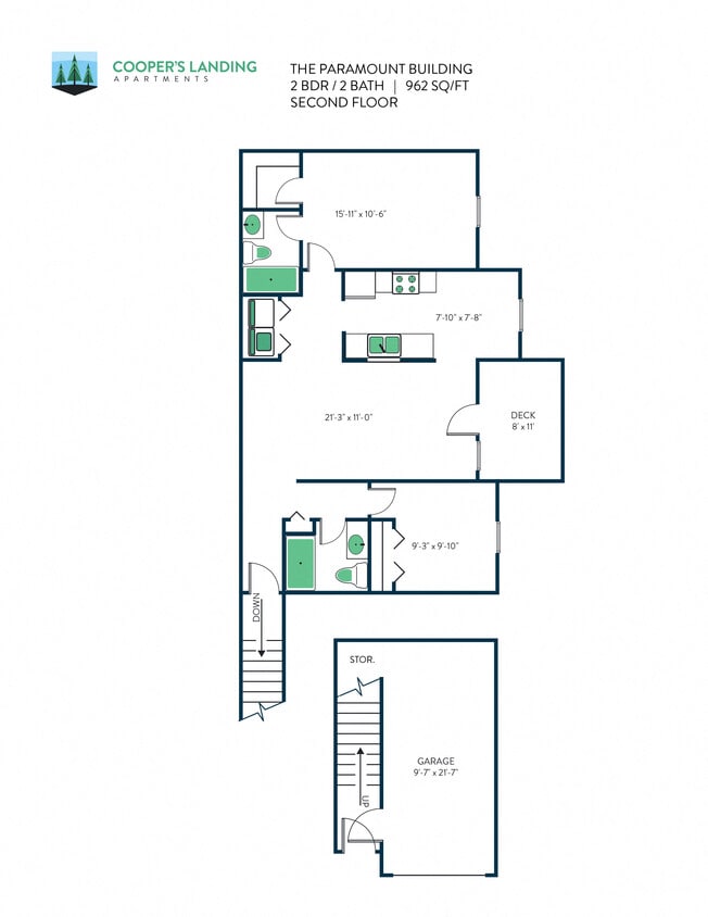 Floor Plan - 2 Bed, 2 Bath - 962 sq ft