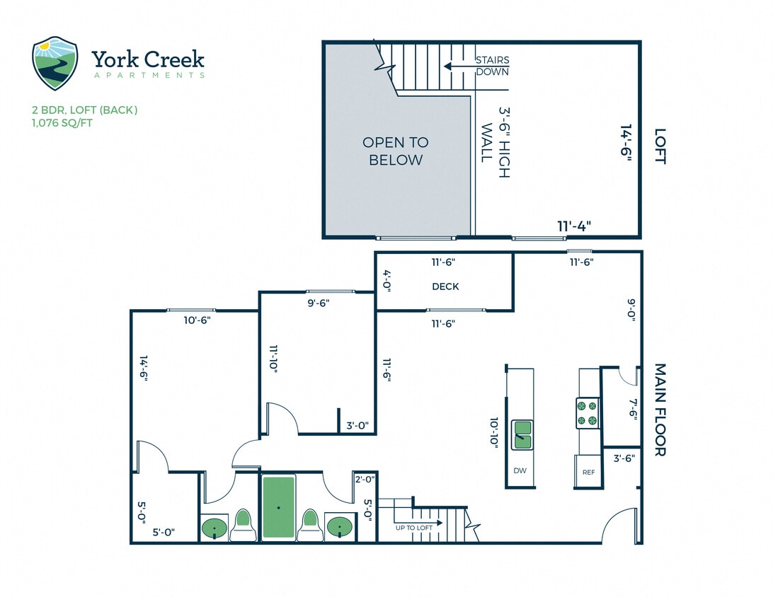Floor Plan - 2 Bed, 1 Bath Loft - 1,076 sq ft