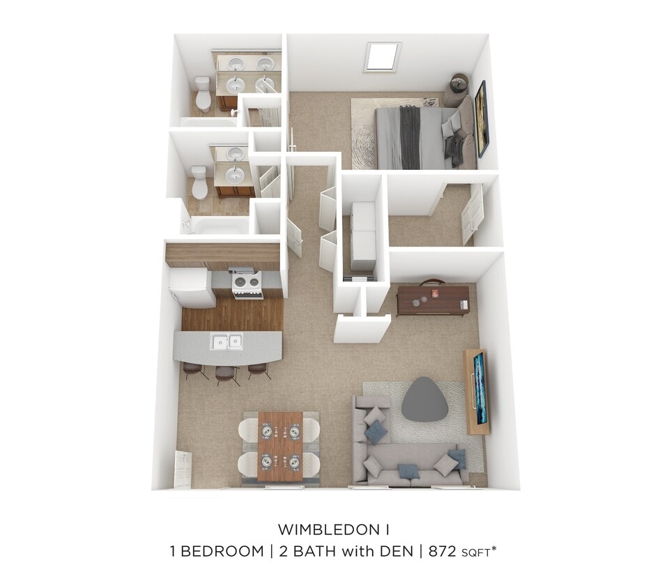 Floor Plan - One Bedroom 2 Bath - Wimbledon I - 872 sqft
