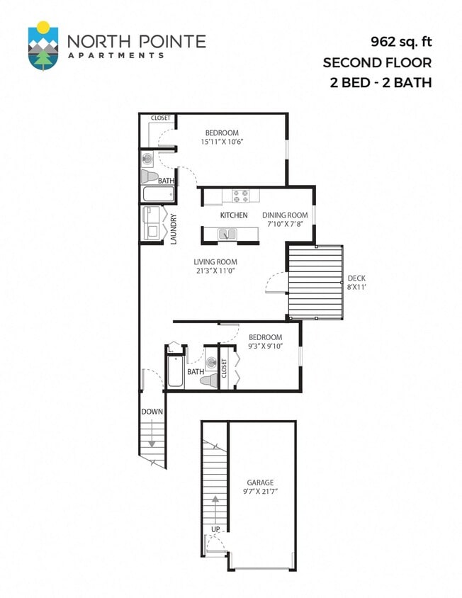 Floor Plan - 2 Bed, 2 Bath - 962 sq ft