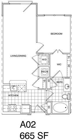 Floor Plan - 1 Bedroom, 1 Bath 668 SF KA1.2