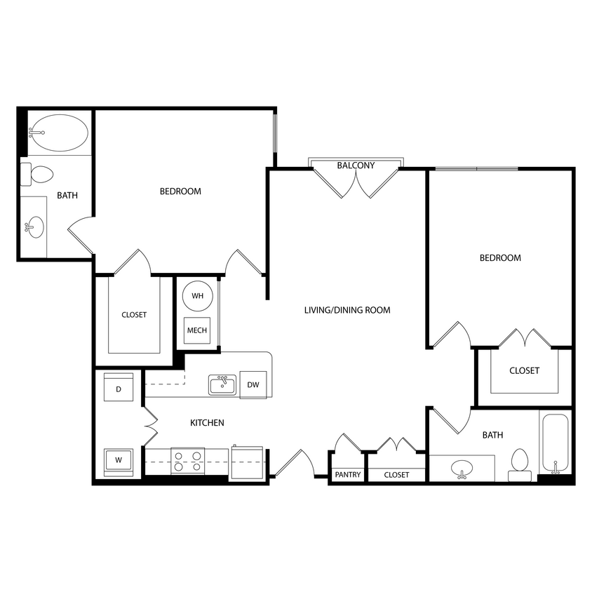 Floor Plan - 2 Bedroom, 2 Bath 1056 SF KD1