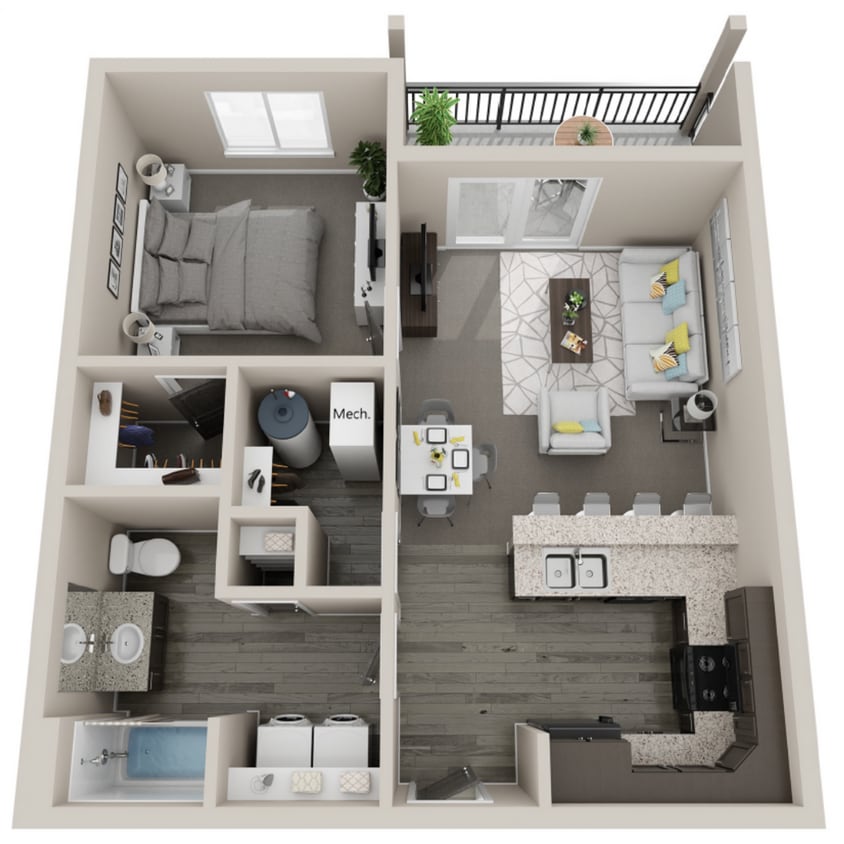 1 Bedroom 1 Bathroom Apartment Floorplan - 1 Bedroom 1 Bathroom Apartment (C)