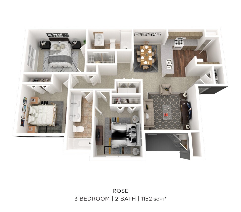 Floor Plan - Three Bedroom 2 Bath - 1,152 sqft