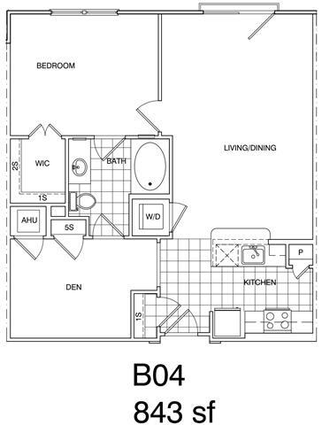Floor Plan - 1 Bedroom + Den, 1 Bath 843 SF KB4