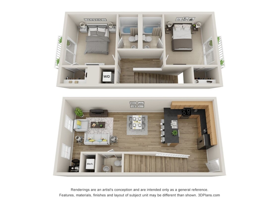 Floor Plan - 2 Bed 2.5 Bath 1230sqft