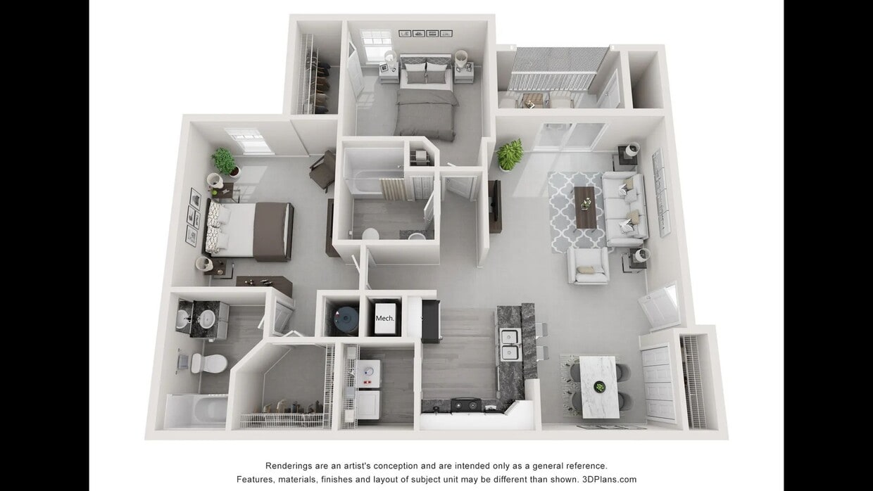A 3D floor plan rendering of The Elm - The Elm